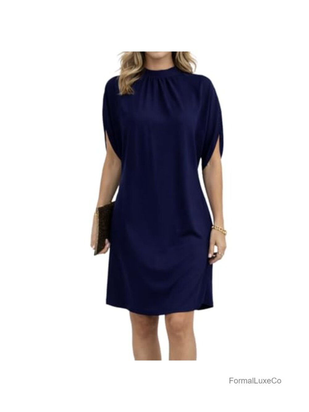 Satin Mini Dress Mock Neck Short Split Sleeve Cocktail Party